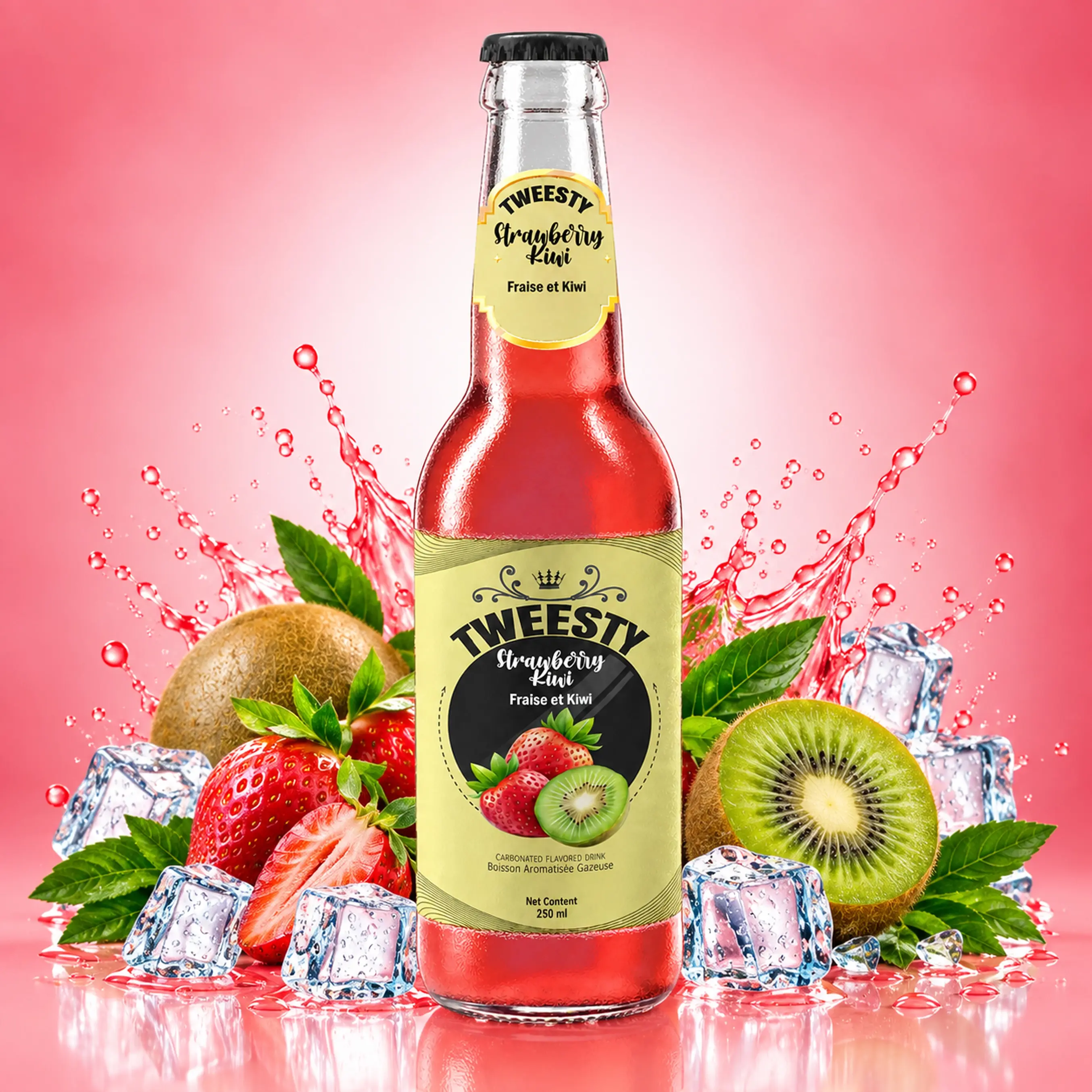 TWEESTY Strawberry Kiwi carbonated flavoured drink 250ml glass bottle with strawberries, kiwi, ice and splash